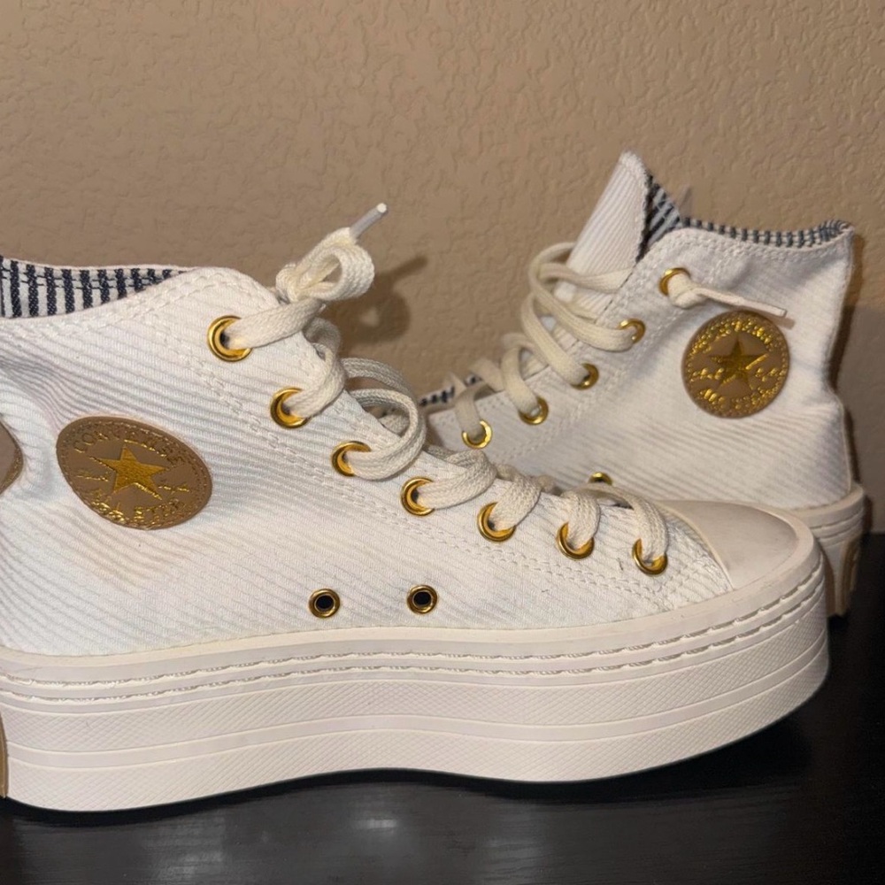 White & Gold Converse High-Top Platform Sneakers